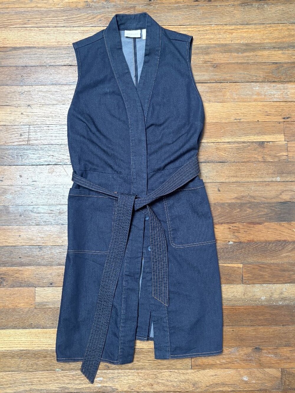 Chico’s Denim Dress Size 1 Sleeveless Belted Dark Wash Button Front Pockets
